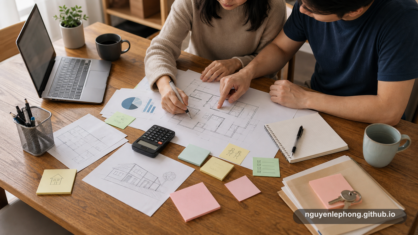 Two home buyers review a floor plan, budget papers, and a calculator at a dining table before visiting properties.
