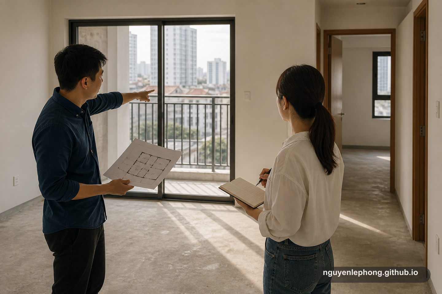 A buyer checks an unfurnished apartment's light, balcony, and layout during an early viewing.