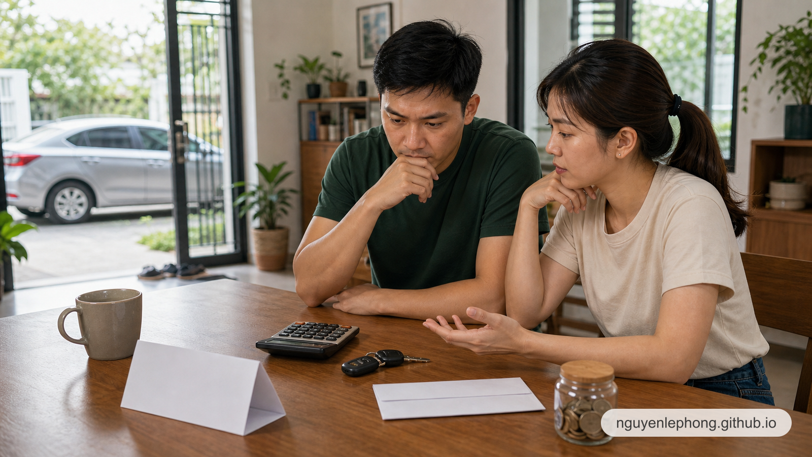 A Vietnamese couple sits at a home table with a calculator, keys, and a small savings jar while deciding whether a first car truly fits their finances.