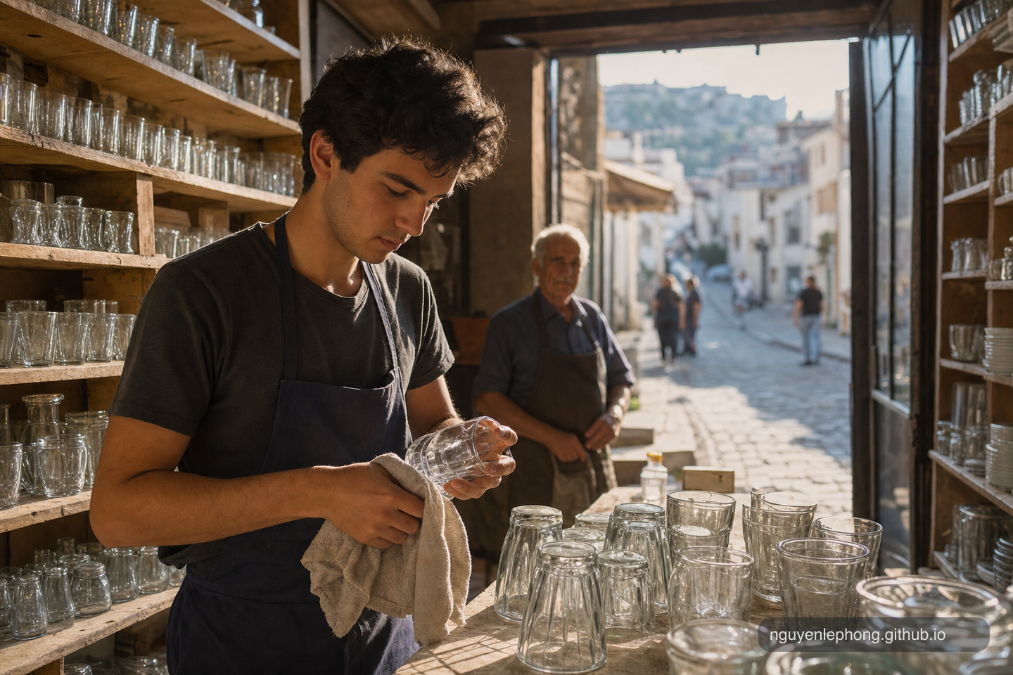 A young worker cleans glass cups in a small sunlit shop, surrounded by shelves and quiet morning light.