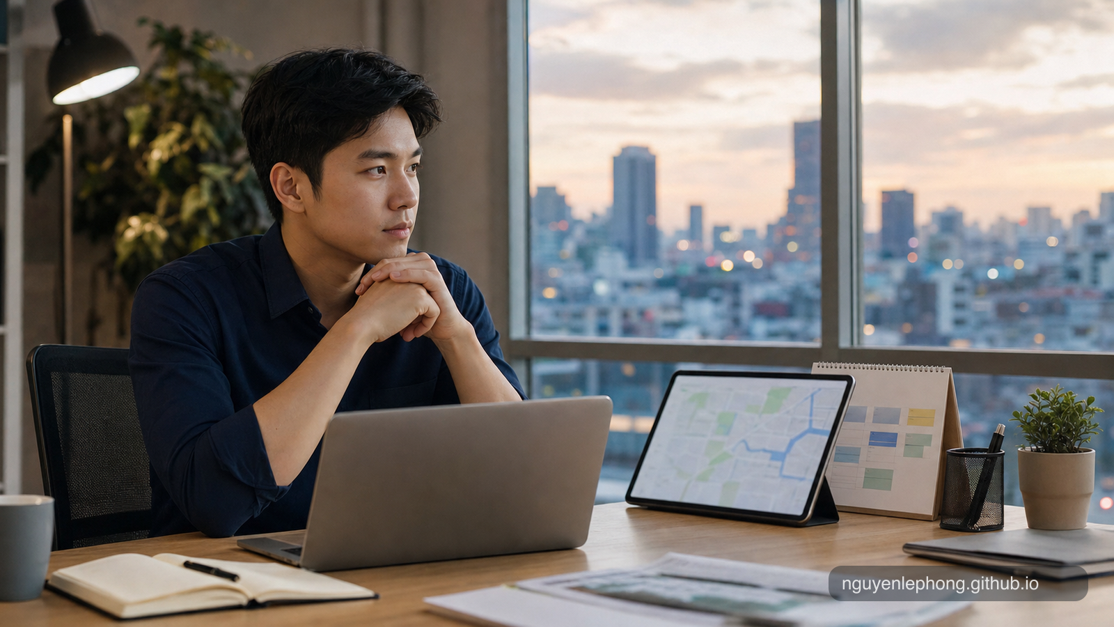 A person pauses at an office desk with a blurred map open beside a laptop at the end of the day.
