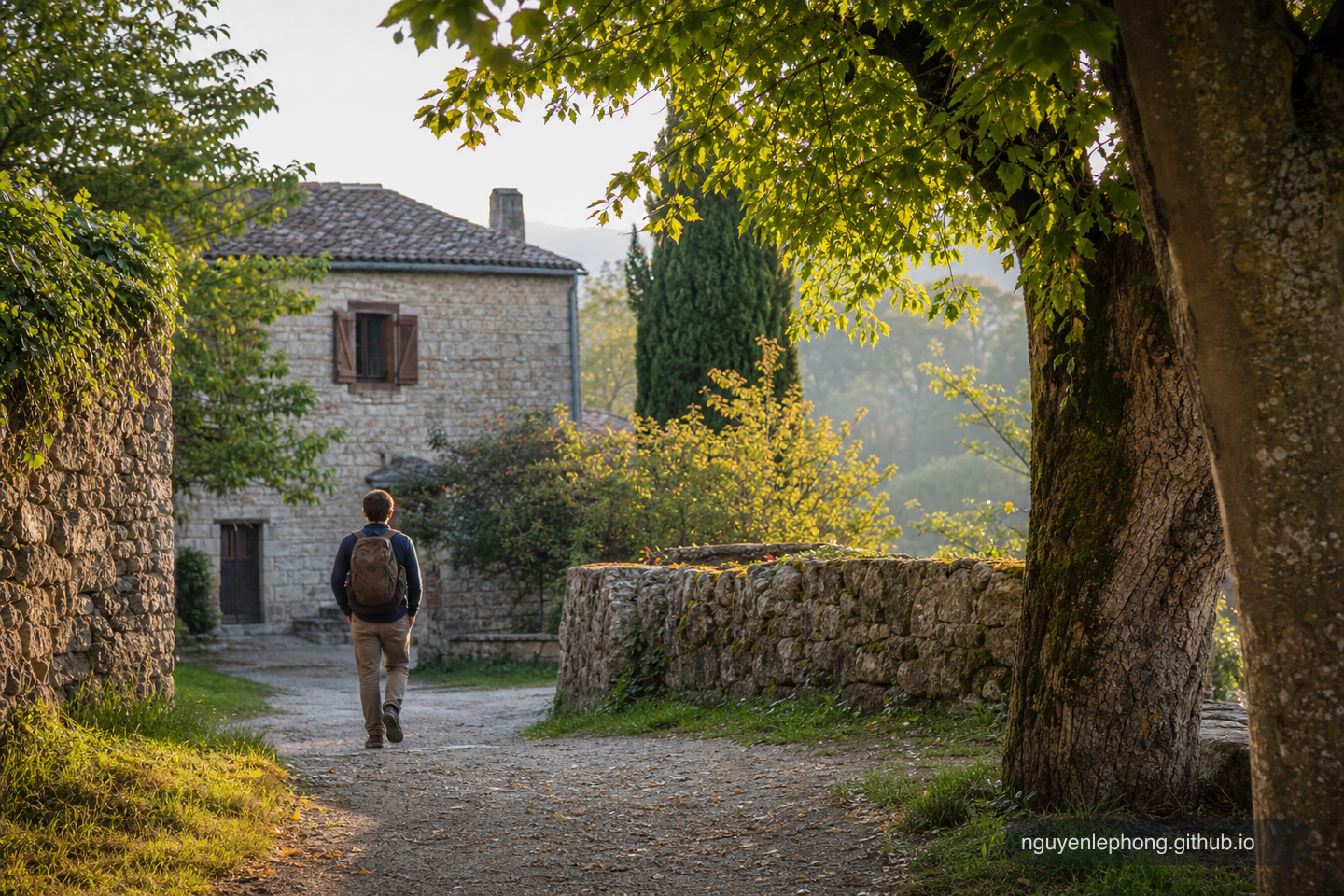 A traveler returns to a quiet familiar place near an old tree, seeing it again in soft morning light.