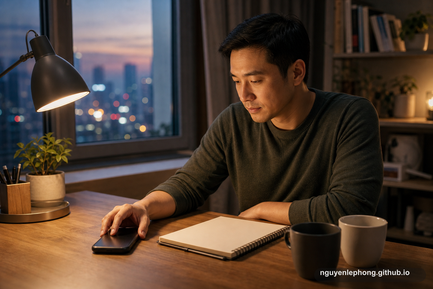 A person pauses beside a face-down phone, blank notebook, and two cups at an evening desk before choosing a calmer boundary.