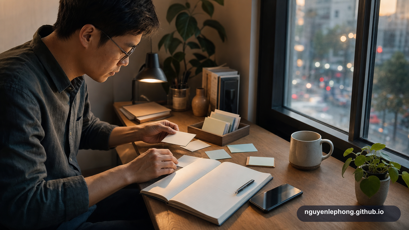 A quiet desk with a notebook, blank reminder cards, a phone, and a person organizing collected lines beside a window.