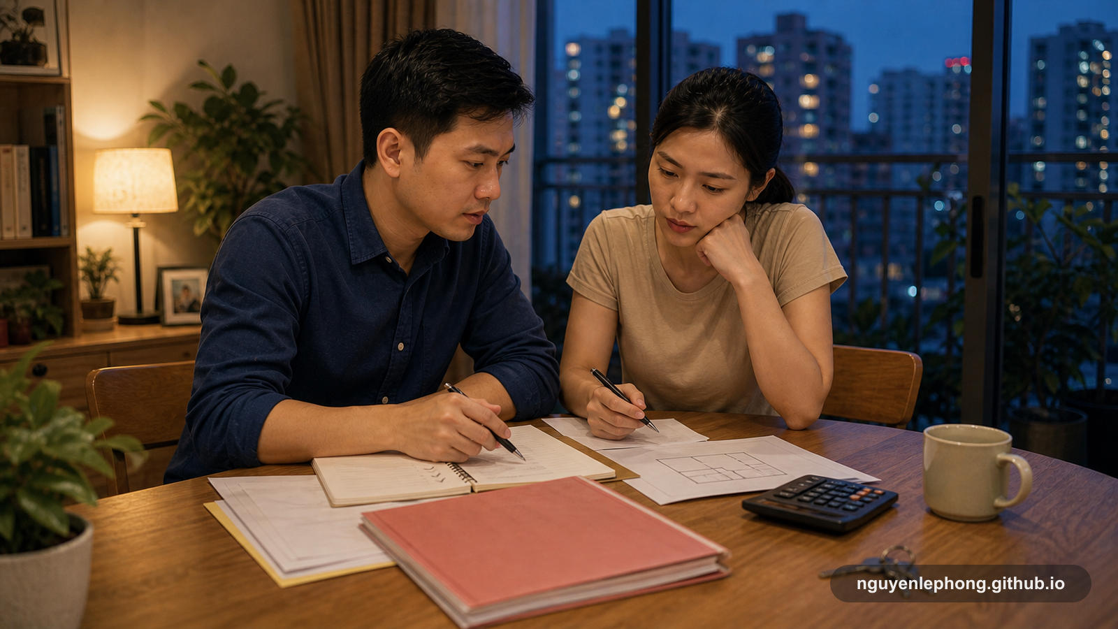 A Vietnamese buyer and companion review a closed property folder, floor plan, calculator, and keys at a home table before paying a deposit.