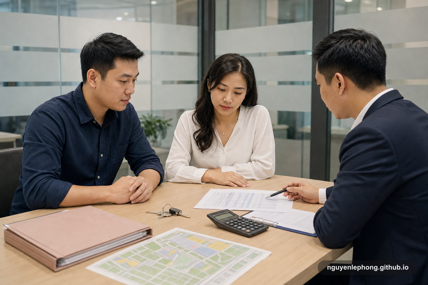 A buyer and seller listen to a notary or bank officer while reviewing a property folder, planning map, and keys before transfer.