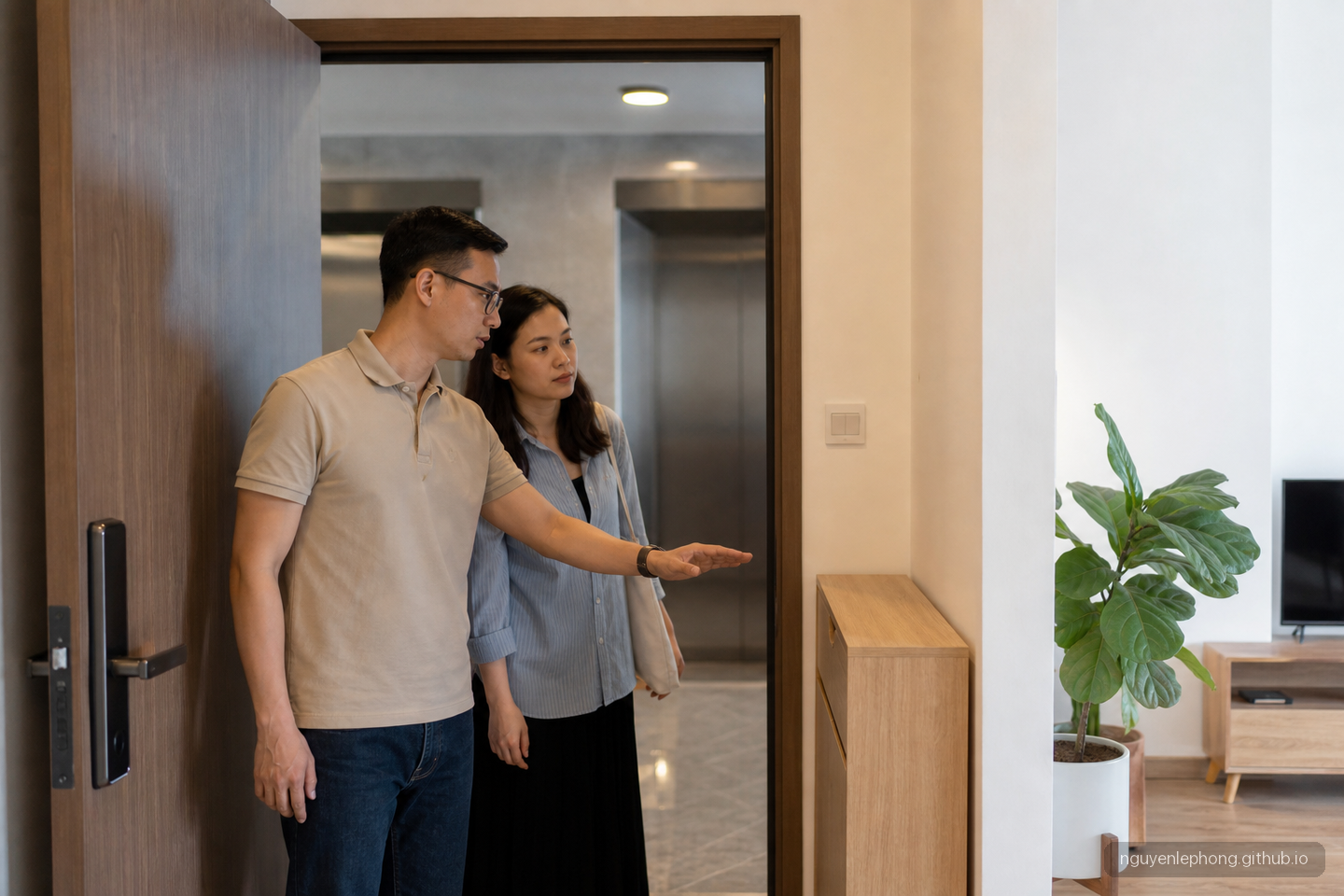A Vietnamese buyer and companion stand at an apartment entrance to check hallway visibility, elevator noise, and privacy.