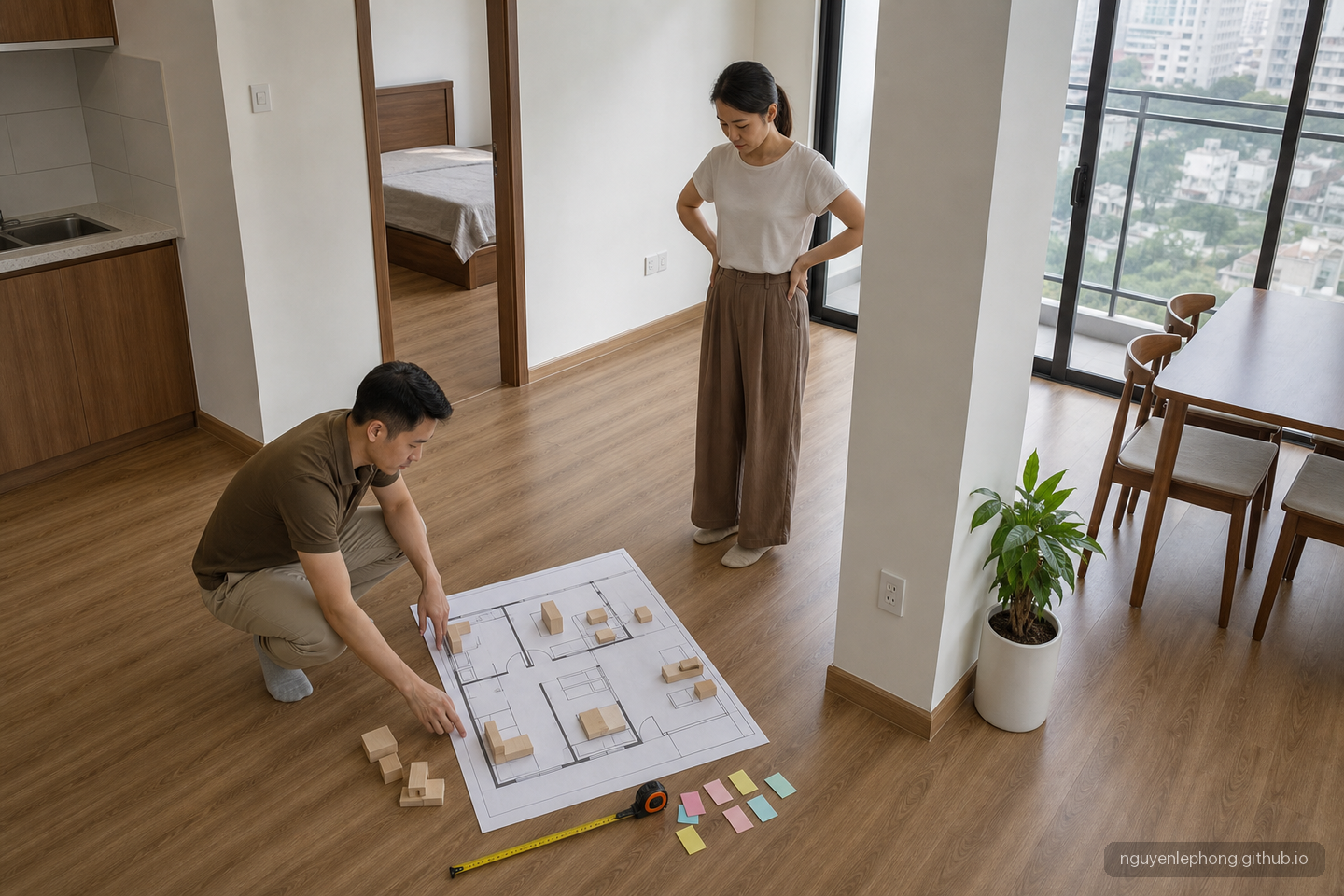 A Vietnamese buyer compares a floor plan with the apartment layout, measuring furniture flow around columns, kitchen, and bedroom doors.