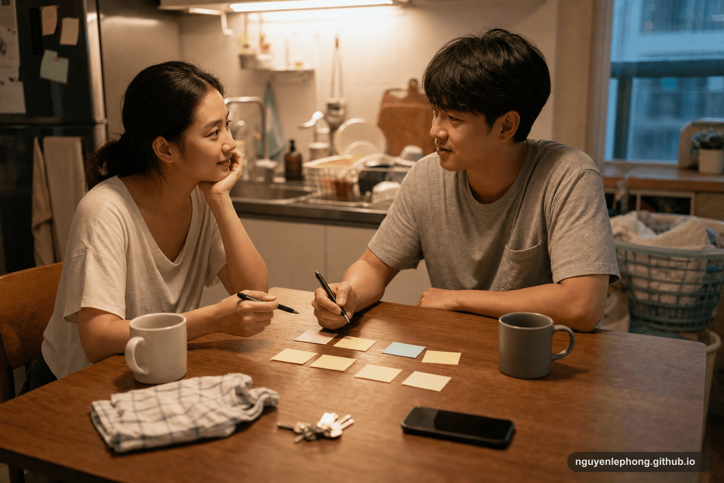 A Vietnamese couple sits at a kitchen table after dinner with blank notes, mugs, and household items while discussing home routines.