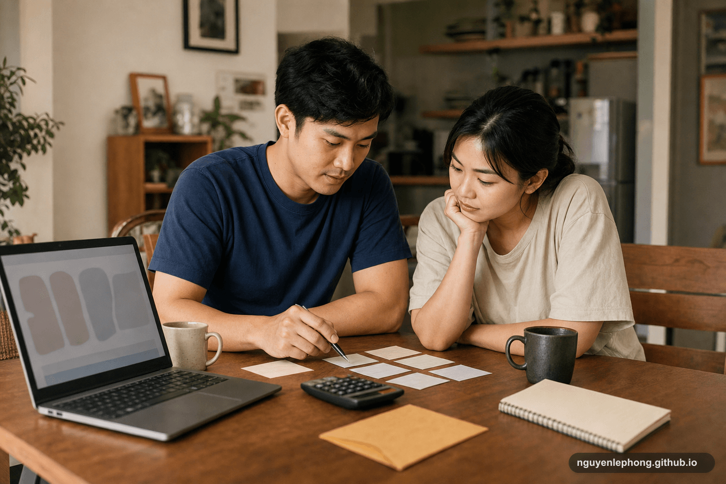 A Vietnamese couple reviews a shared budget at home with blank cards, a calculator, mugs, and a notebook on the table.