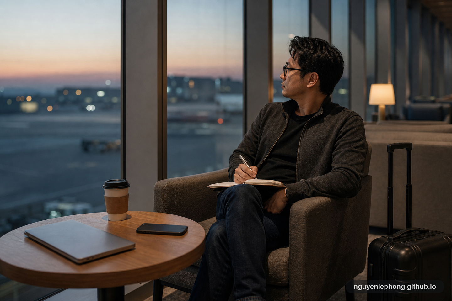 A business traveler sits quietly by a terminal window with a suitcase, closed laptop, notebook, coffee, and phone turned face down.