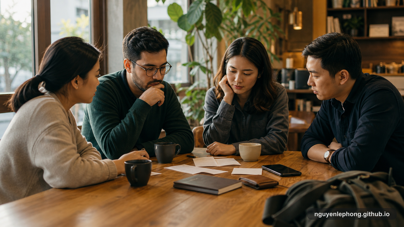 Four adults sit around a quiet cafe table with coffee, blank receipts, a wallet, and a phone turned face down while discussing trust and effort.