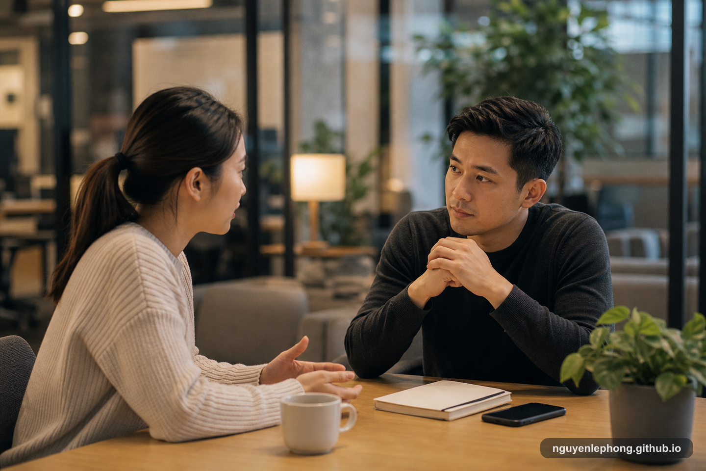 Two colleagues hold a calm private conversation at a small office table with a closed notebook and phone between them.