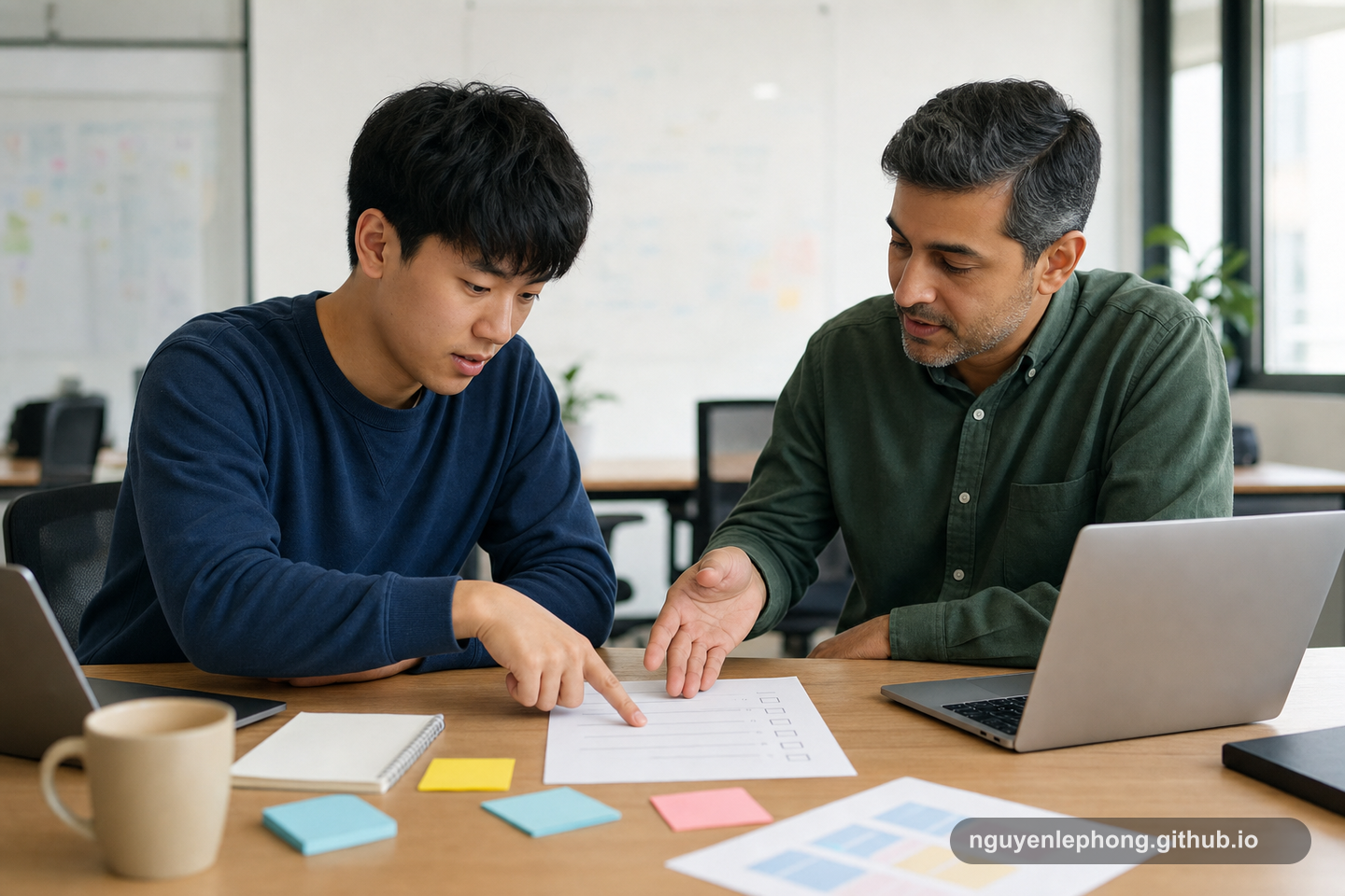 A junior engineer and senior colleague review a feedback checklist together in a calm office.