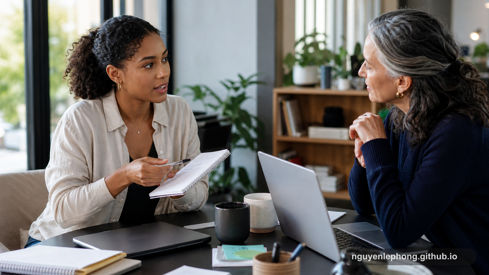 A younger professional speaks honestly with a senior mentor across a quiet office table.