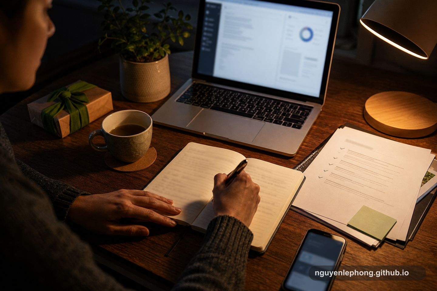 A professional writes a quiet progress update beside a laptop, notebook, tea cup, and completed checklist pages.