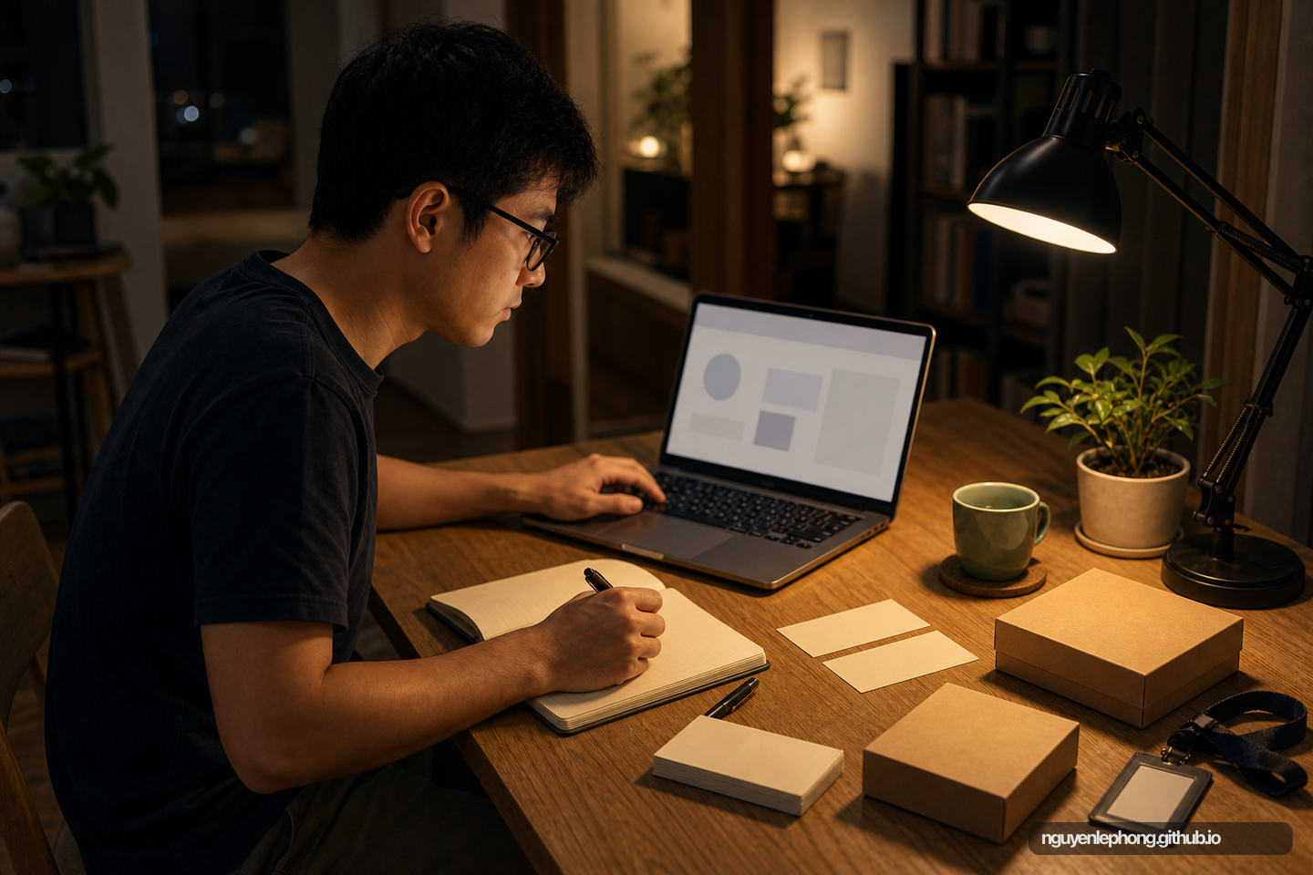 A Vietnamese professional works on a small after-hours venture at a warm desk with blank prototype boxes, a laptop, notebook, and tea.