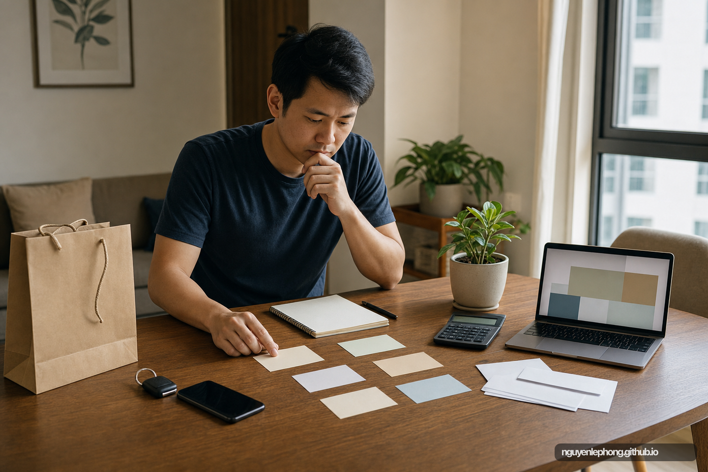 A Vietnamese professional pauses between blank spending cards, a plain shopping bag, a car key, a calculator, and envelopes while preserving the gap between income and spending.