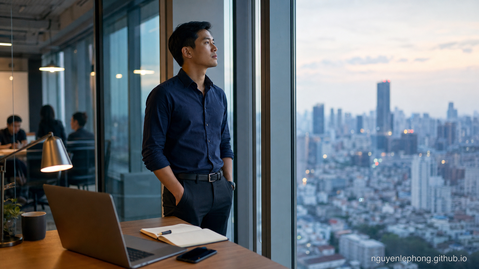 A Vietnamese professional stands by a high office window after a tense review, with a desk nearby and the city spread far below.