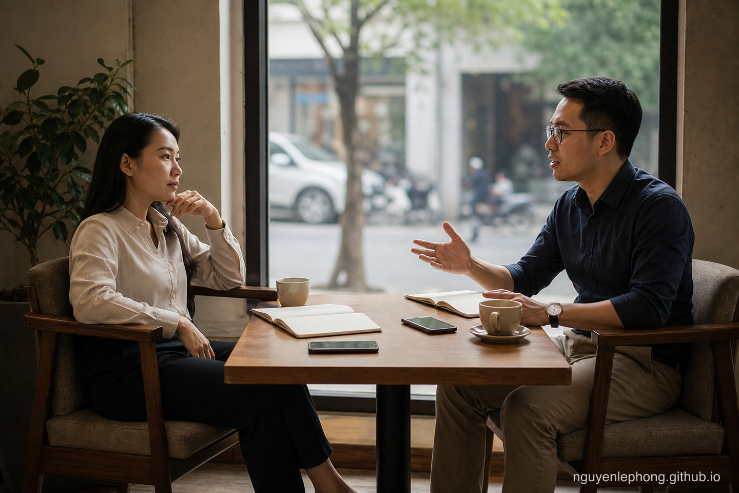 Two Vietnamese professionals sit in opposite chairs at a small table, looking at the same plain folder from different sides.