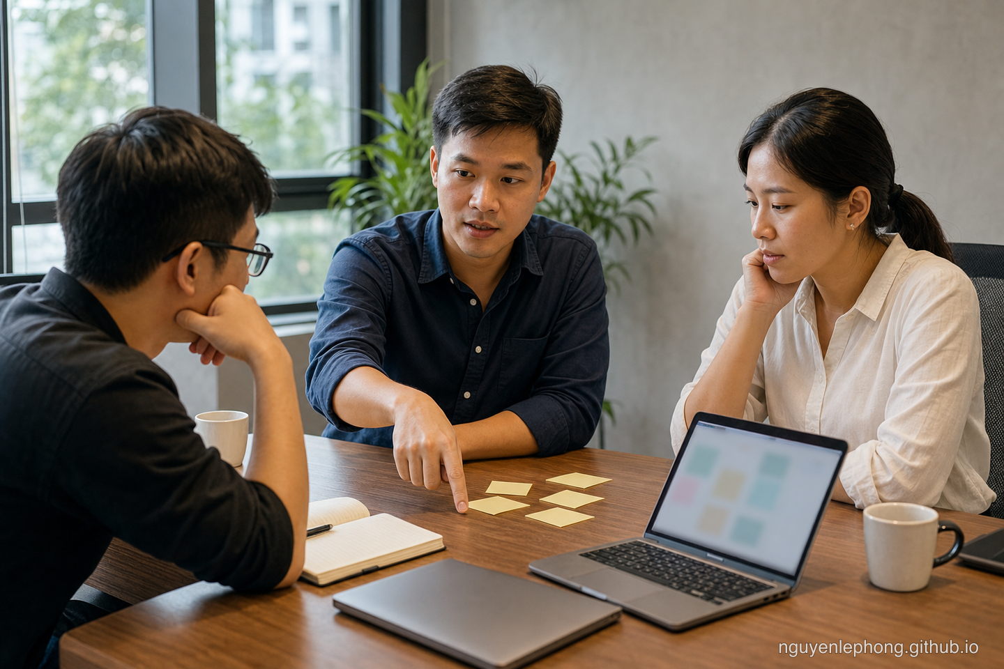 A Vietnamese product team sits in a calm postmortem after a bug, with blank notes, laptops, and a quieter learning-focused mood.