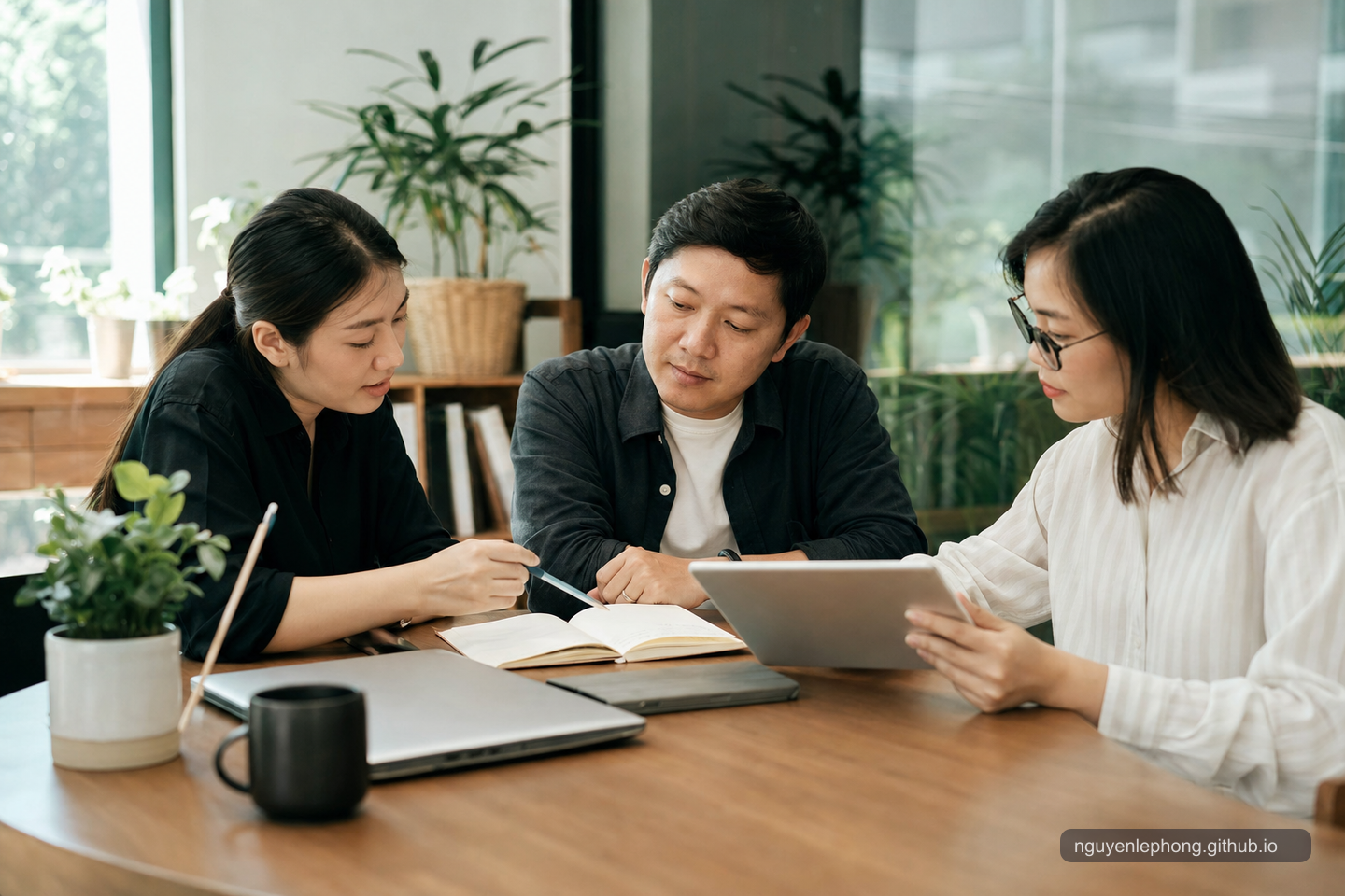 A small Vietnamese team listens around a table while one person calmly shares a practical decision and the others follow the context.