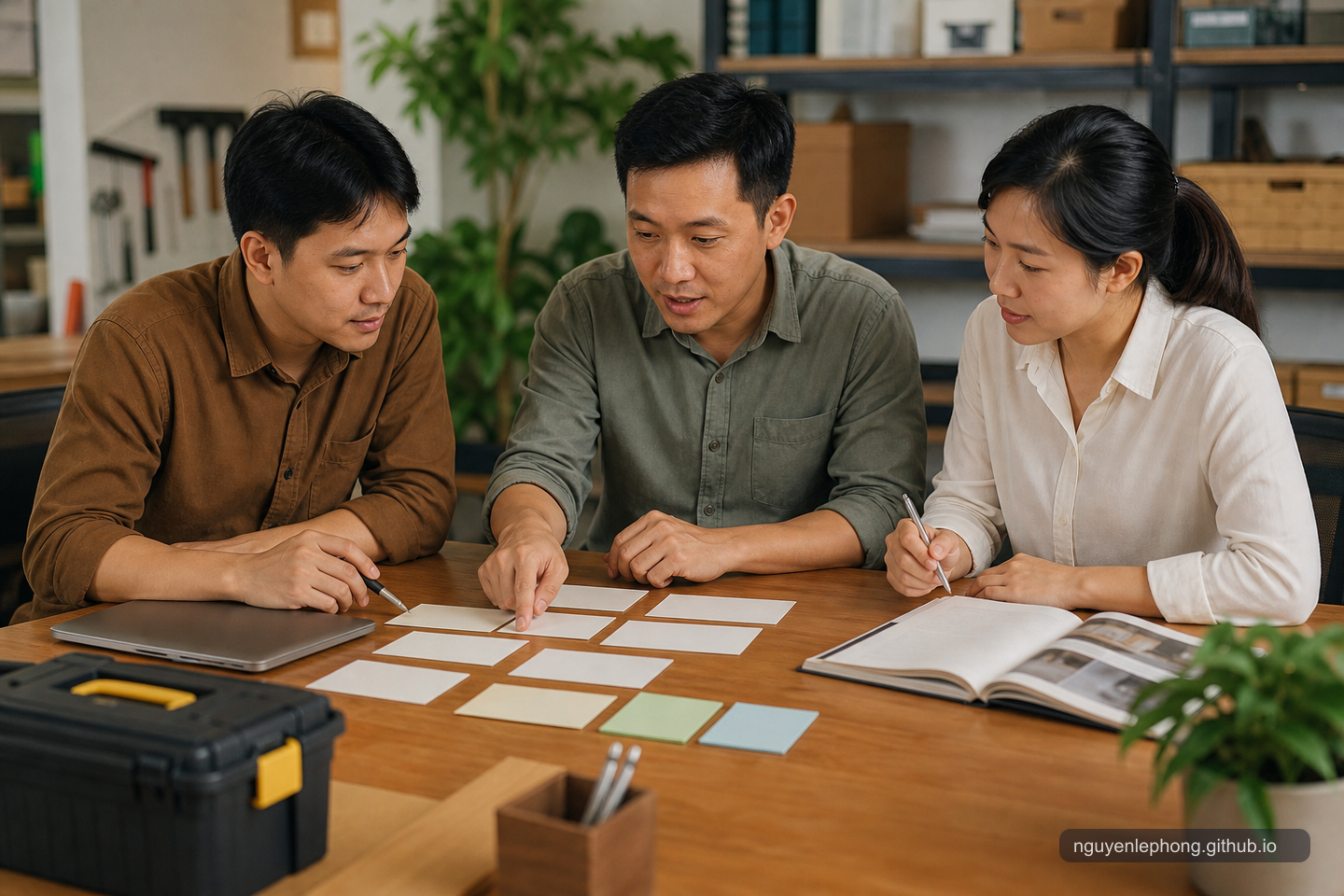 A team lead reviews budget cards, learning materials, and tools with teammates, turning money into support for the work.