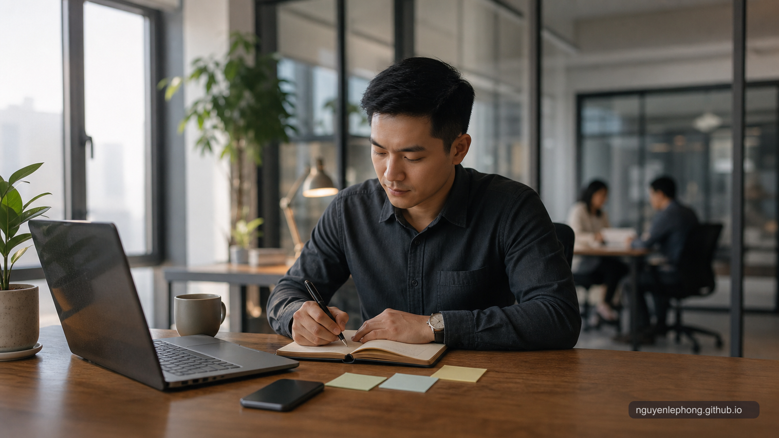 A Vietnamese professional prepares quietly at a desk before a meeting, with a closed notebook, laptop, and soft office light around the work.