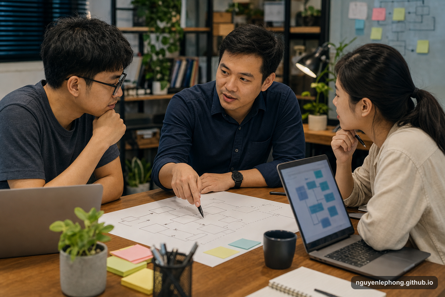 A Vietnamese senior engineer helps teammates review an abstract system sketch at a table with laptops and blank notes.