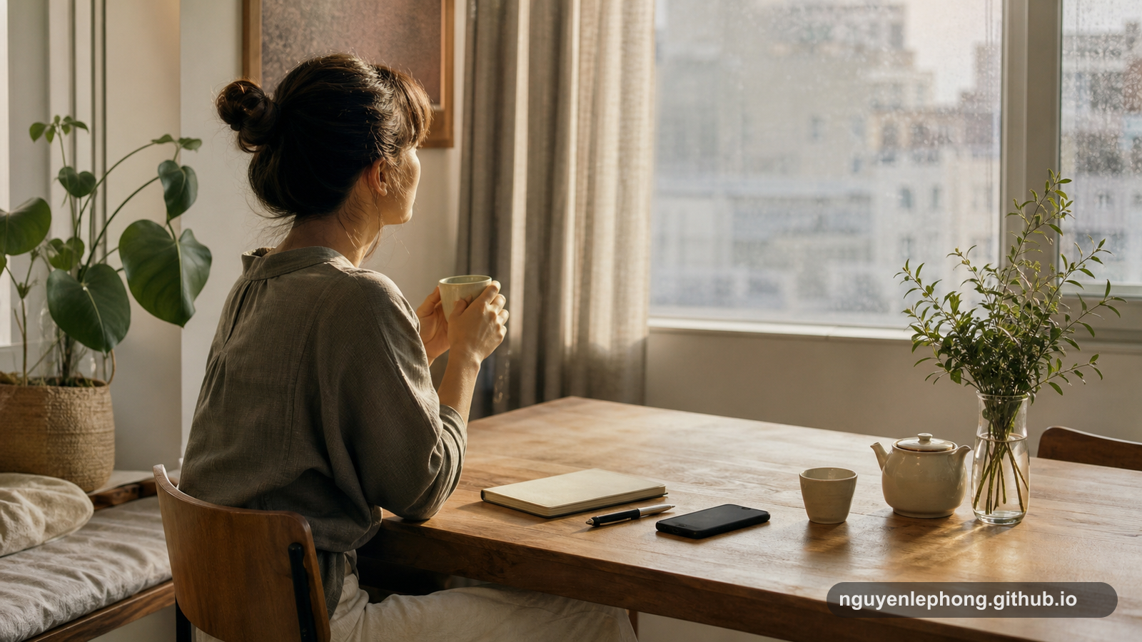 A person sits alone at a quiet table with tea, a blank notebook, and a phone turned face down in soft morning light.
