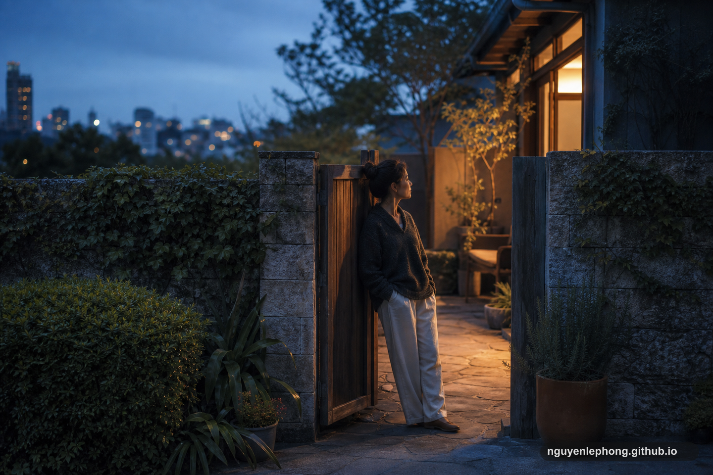 A person stands inside a partly open garden gate at blue hour with warm light from the home behind them.