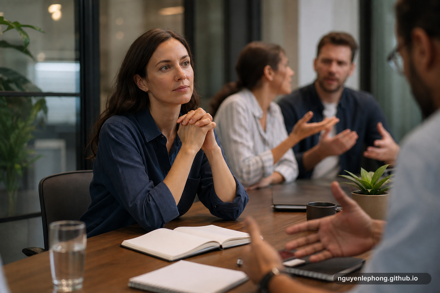 A calm colleague listens in a tense meeting while other people discuss around the table.