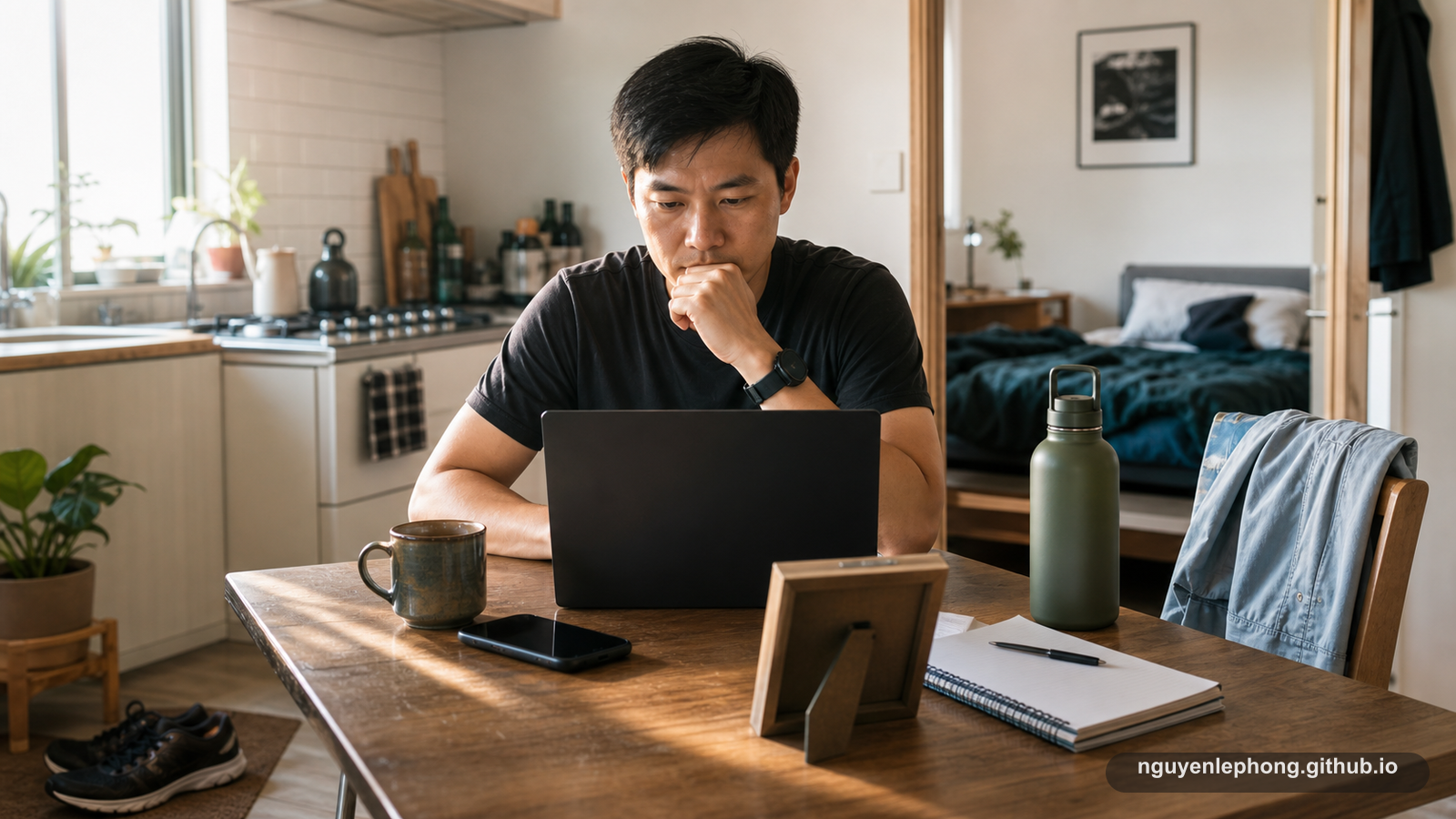 A person begins the morning at a kitchen table with a laptop, coffee, phone, running shoes, and home responsibilities nearby.
