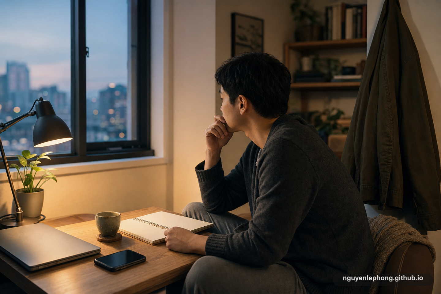 A person sits quietly by a window with a blank notebook, closed laptop, phone face down, and warm lamp light.