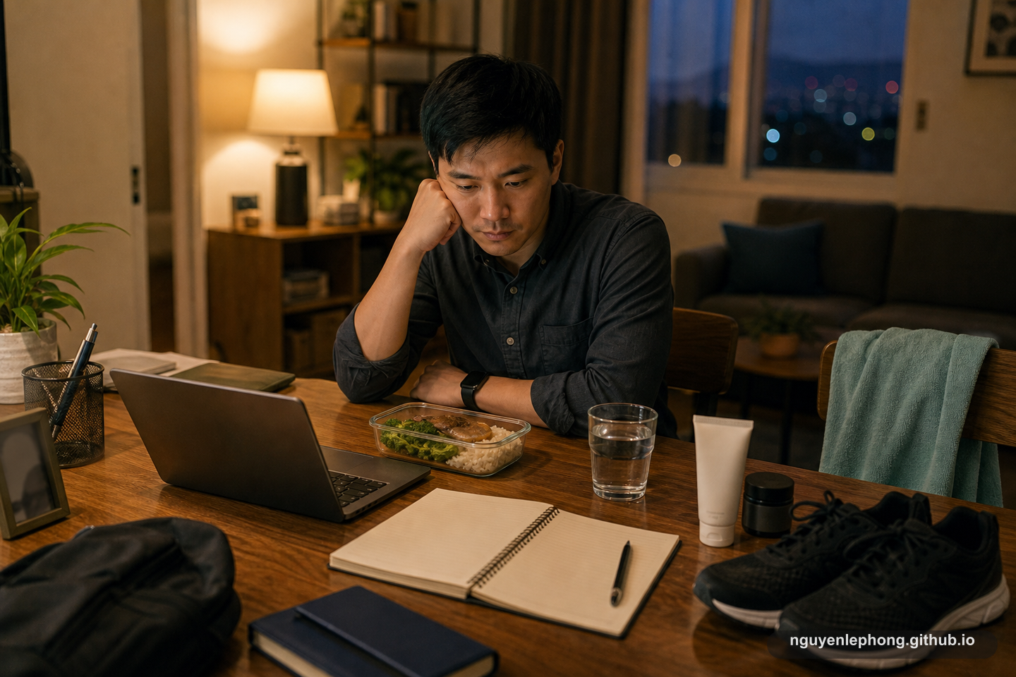 A tired professional sits beside a laptop, meal container, notebook, water, self-care items, and running shoes after work.
