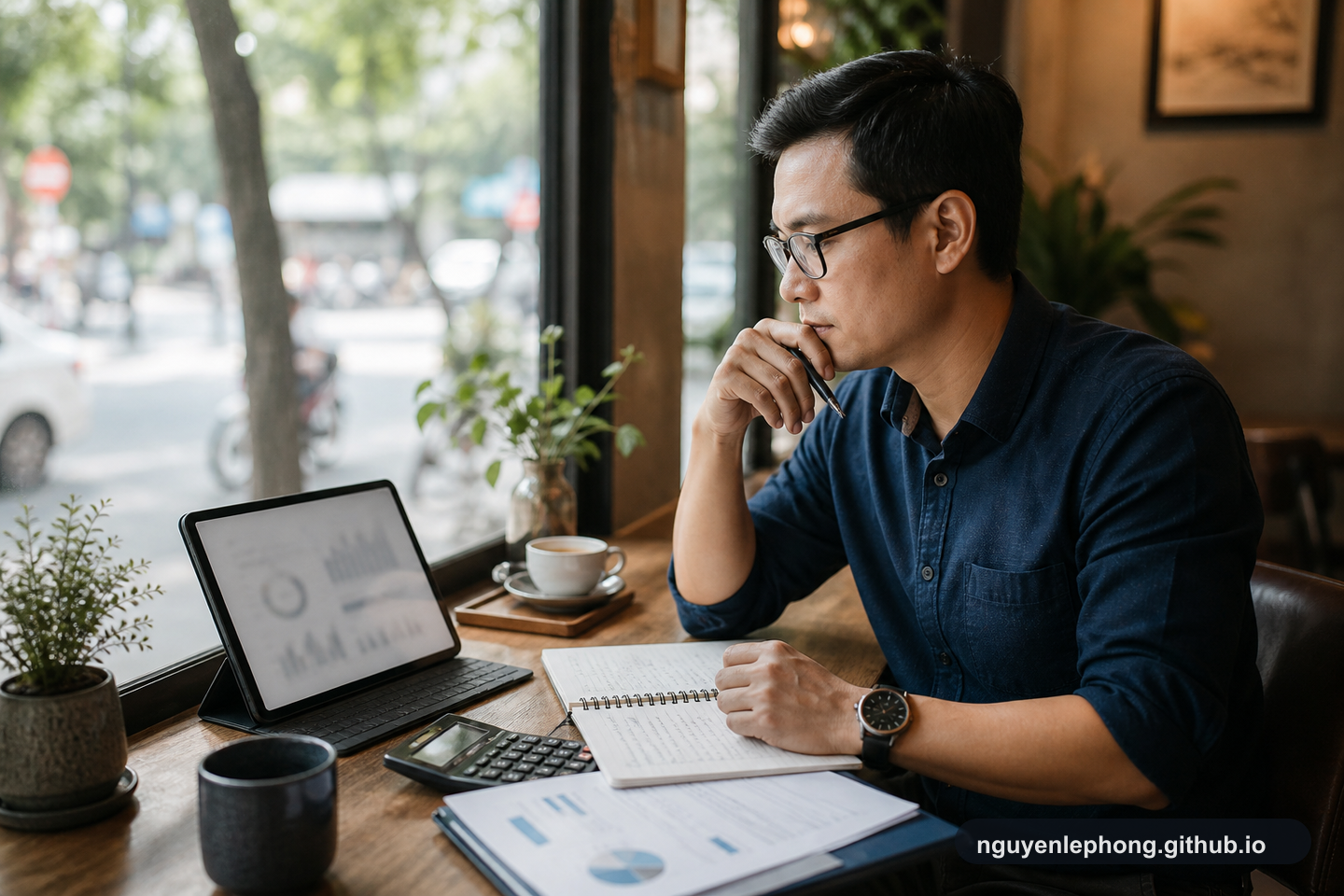 A person reviews long-term finance notes and blurred charts beside a cafe window.