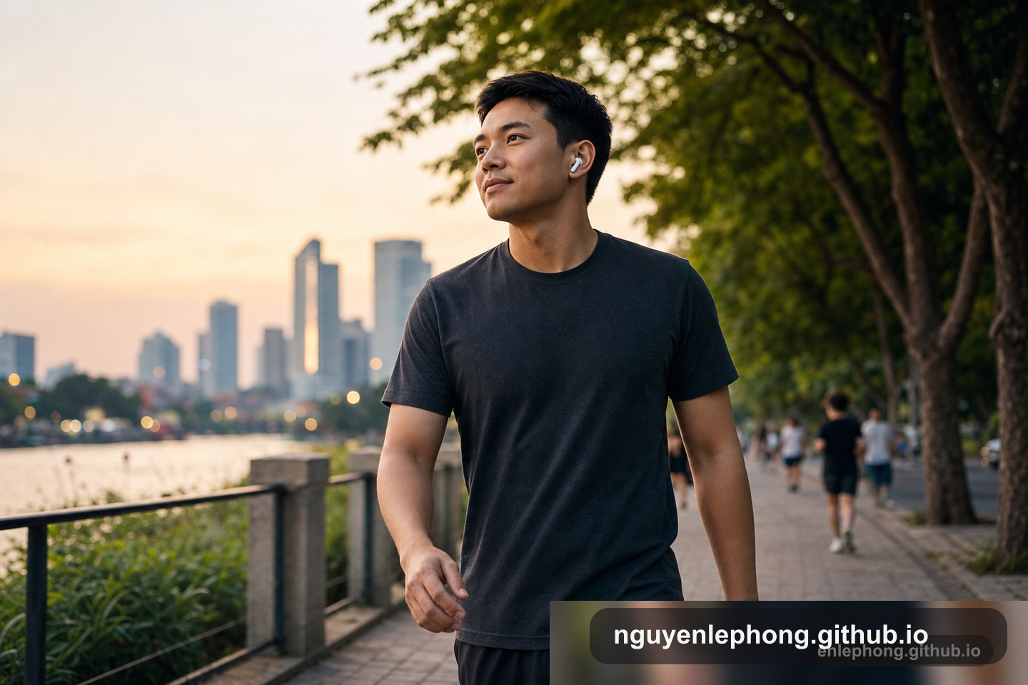 A young Vietnamese professional walks beside a riverside path at sunset with wireless earbuds, turning a routine walk into a steady learning cue.