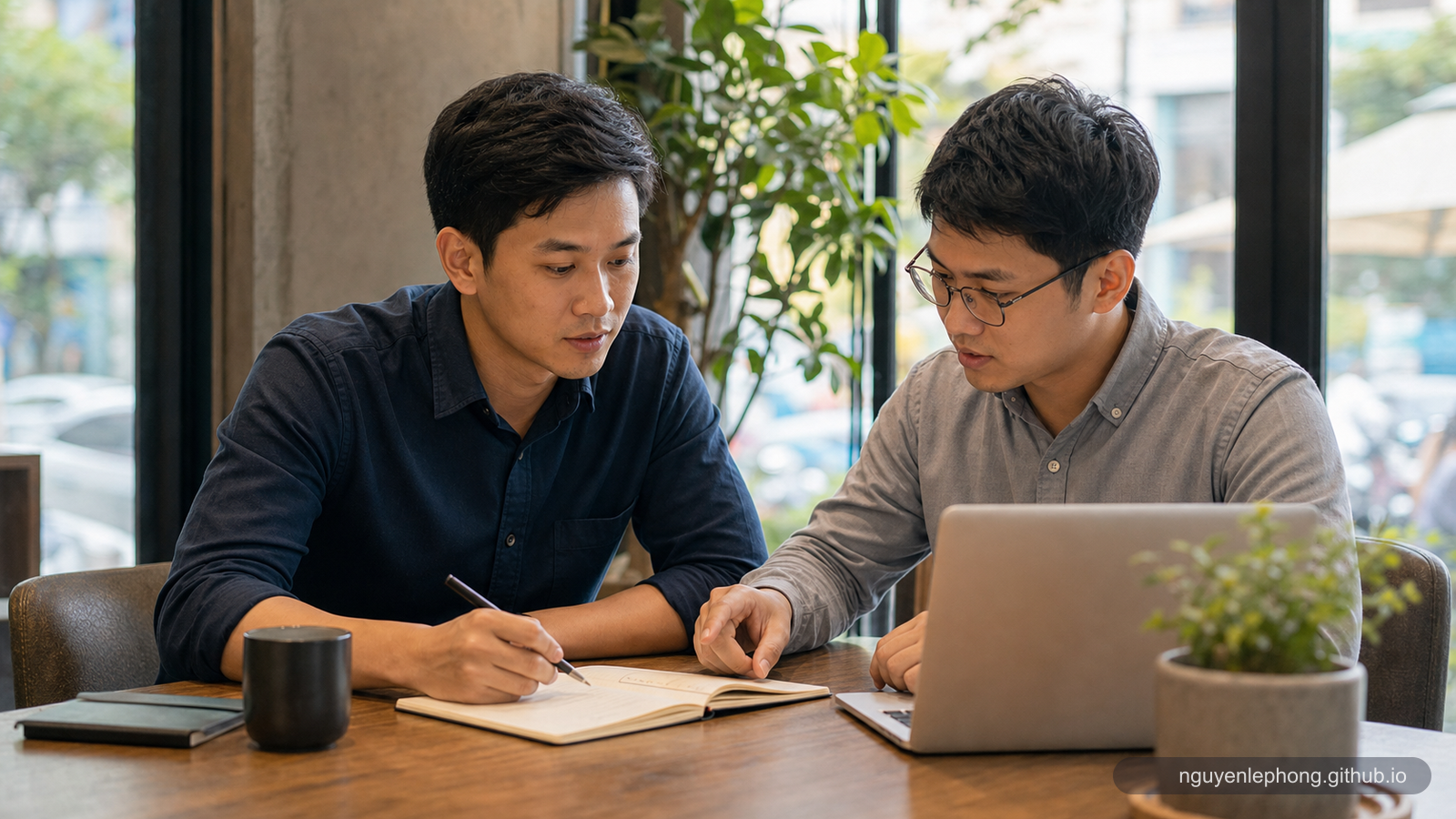 Nguyen Le Phong và một đồng nghiệp ngồi cạnh nhau, cúi xuống quyển sổ và laptop trong một cuộc nói chuyện yên tĩnh, như đang cùng giữ một cam kết nhỏ.