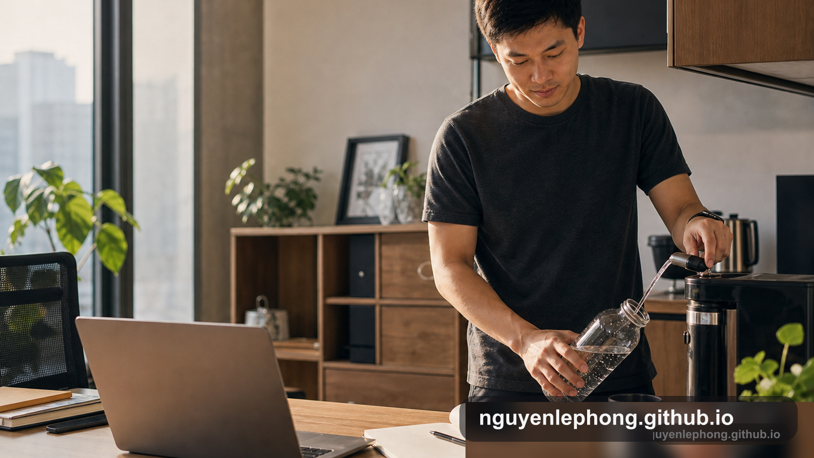 A young Vietnamese professional fills a water bottle beside an open notebook, laptop, and coffee so the next useful action is already waiting.