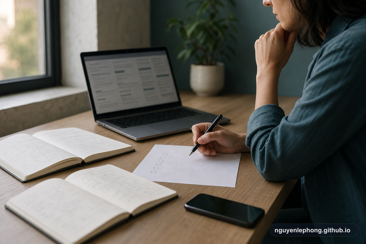 A person pauses over a checklist with notebooks, a laptop, and a phone while separating facts from inference.