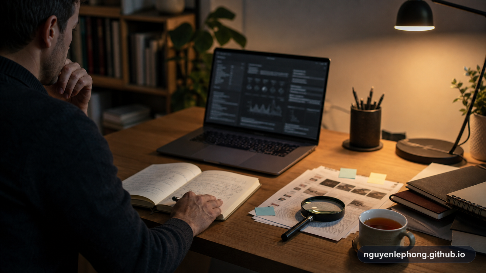 A quiet desk with a laptop, notebook, magnifying glass, and case notes arranged for careful observation.