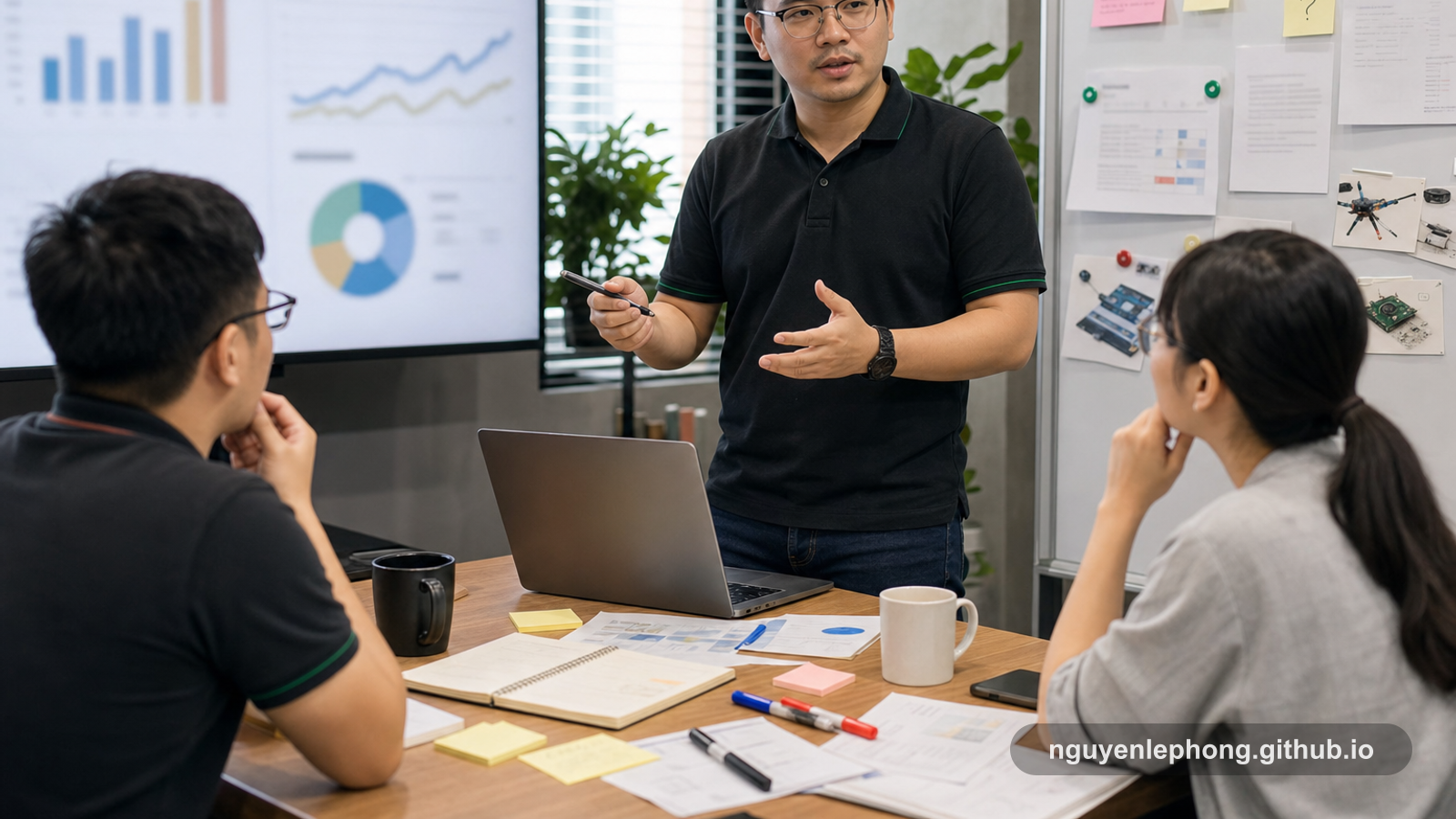 Nguyen Le Phong đứng trong phòng họp cùng hai đồng đội, đi qua chart ban đầu và các rủi ro còn mở trước khi xin mọi người tin vào bước tiếp theo.