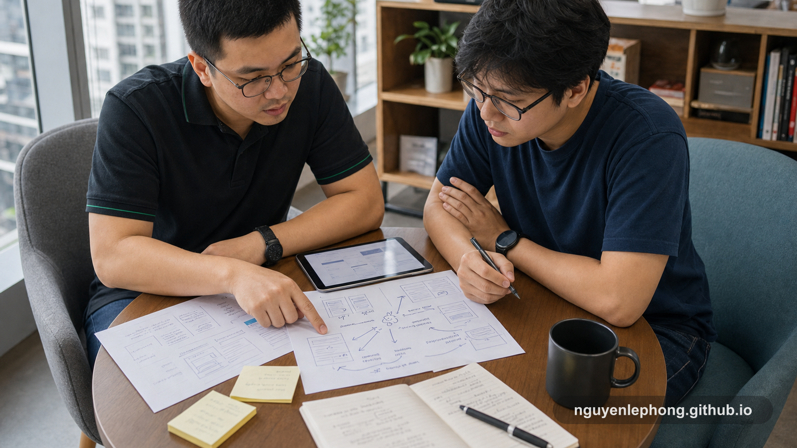 Nguyen Le Phong ngồi cùng hai đồng nghiệp quanh bàn, đặt trade-off và bước kiểm tra tiếp theo ra trước mắt thay vì che uncertainty bằng sự tự tin.