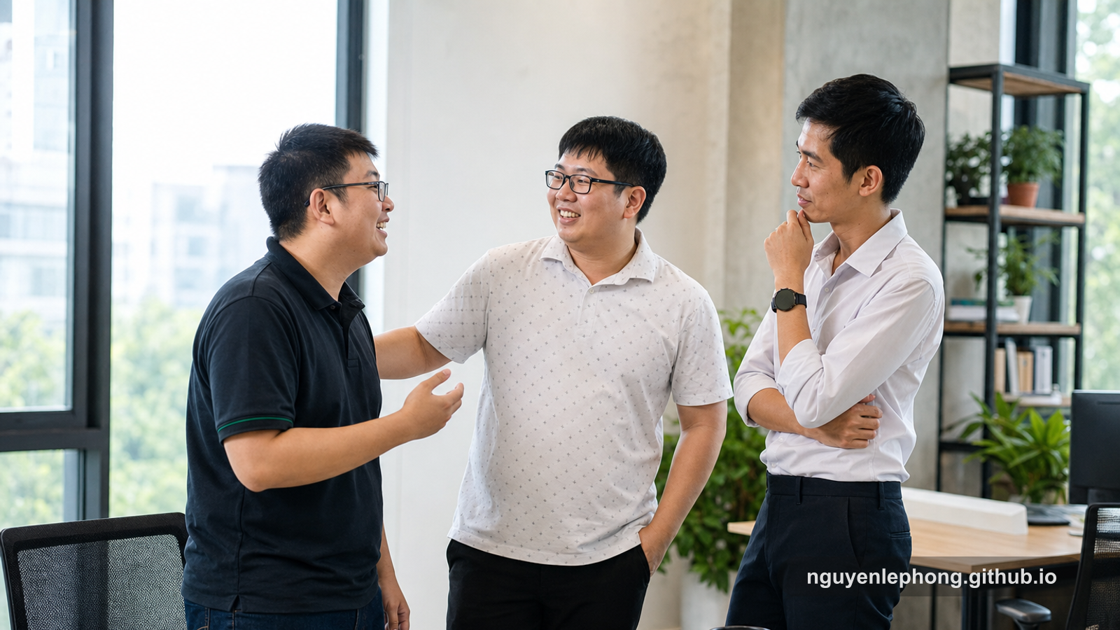 Ba đồng nghiệp Việt Nam đứng trong văn phòng sáng sủa sau khi vừa chia sẻ một tin vui, trong đó một người chúc mừng với nụ cười cởi mở nhưng vẫn giữ nét suy ngẫm bình tĩnh.