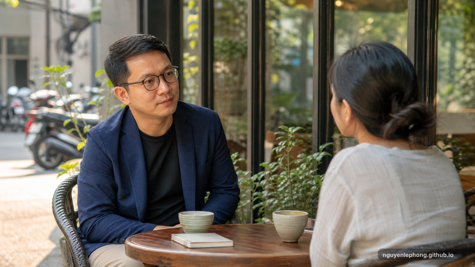 Nguyen Le Phong nói chuyện nhỏ nhẹ với một đồng nghiệp bên ly cà phê, giữ lòng tin đủ ấm mà không tự lừa mình rằng nó nên mù quáng.