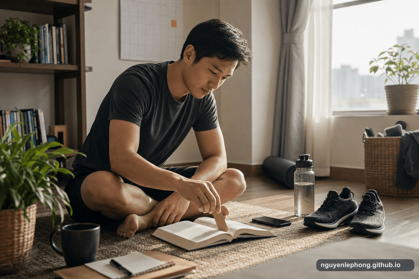 A Vietnamese professional keeps a small morning routine with a book, running shoes, water bottle, and phone turned face down nearby.
