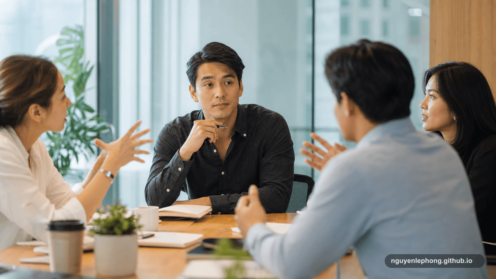 A calm professional listens in a meeting while colleagues discuss around a table, showing restraint before responding.
