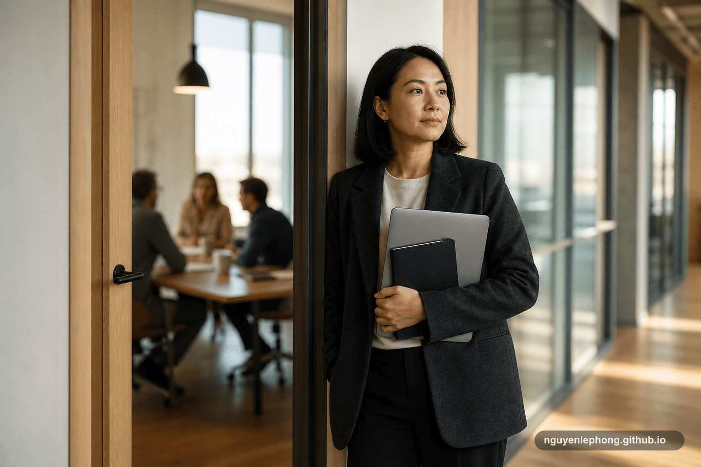 A composed professional stands beside an open office doorway with a laptop and notebook while a meeting continues in the background.