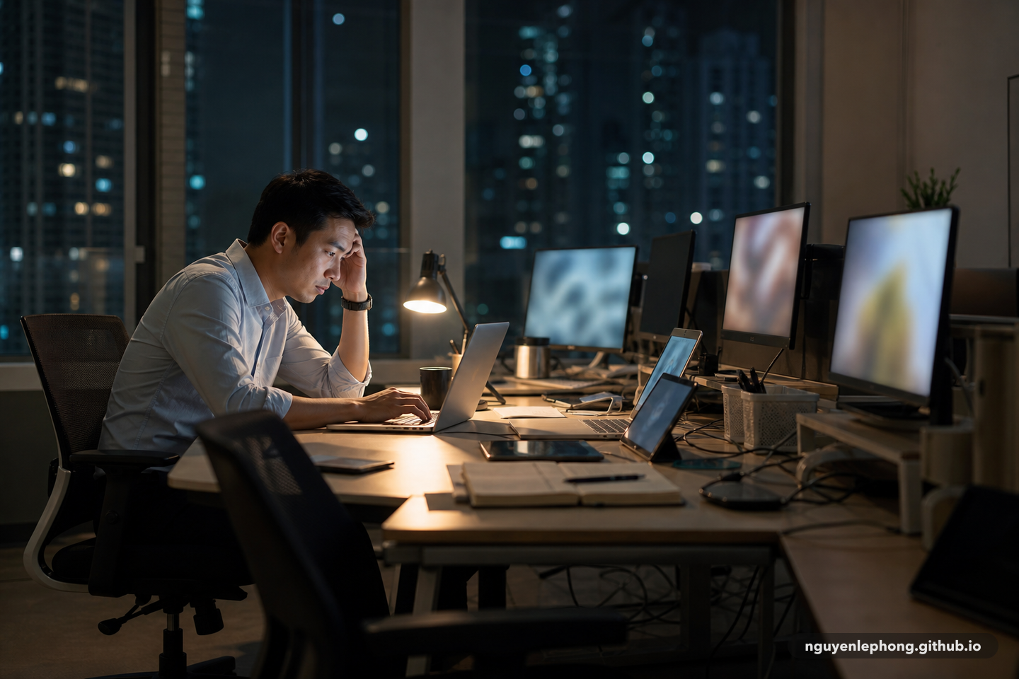 A tired office worker works late among empty chairs and blurred screens, carrying the kind of workload that used to belong to a team.
