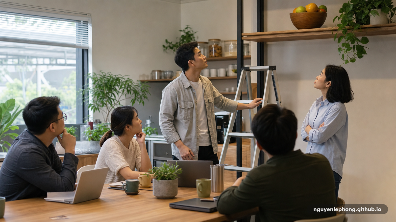 A small office team pauses around a step ladder and a high shelf of fruit, unsure whether anyone should climb toward it.